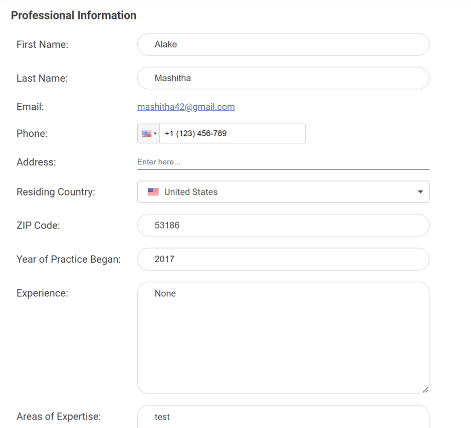 Professional information form
