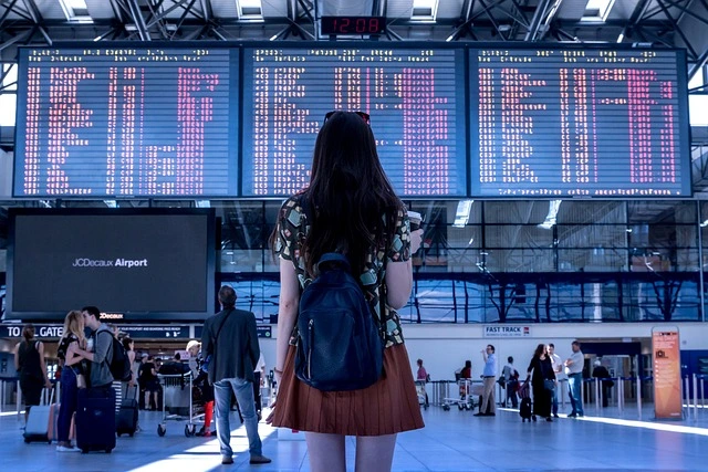 female traveler looking at the schedule in a busy airport female traveler looking at the schedule in a busy airport