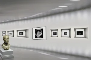 pictures and scultures in an art gallery