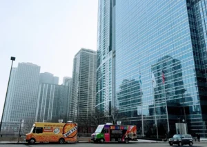 food truck in Chicago with a backdrop of sky scrapers