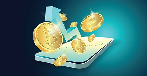 cryptocurrency coins showing growth in a platform being checked on a cellular phone