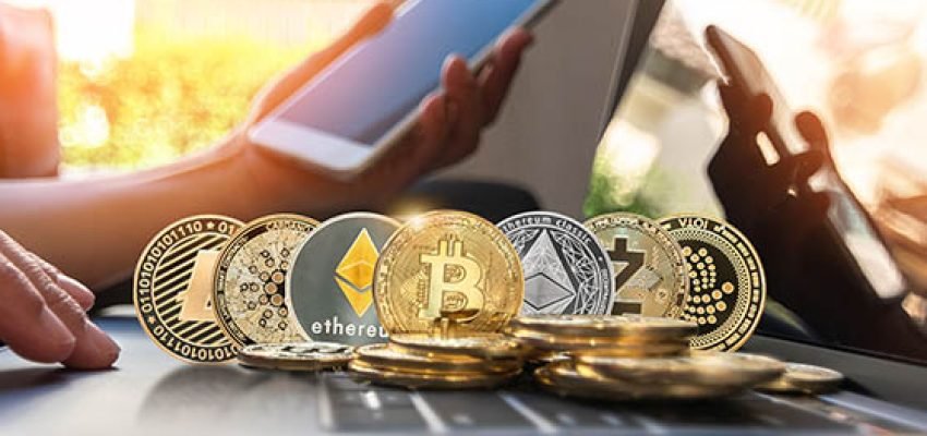 Bitcoin BTC cryptocurrency coin with altcoin digital crypto currency tokens, ETC Ethereum, ADA Cardano, LTC Litecoin, IOTA Miota,  ZEC Zcash for defi decentralized financial banking p2p global market
