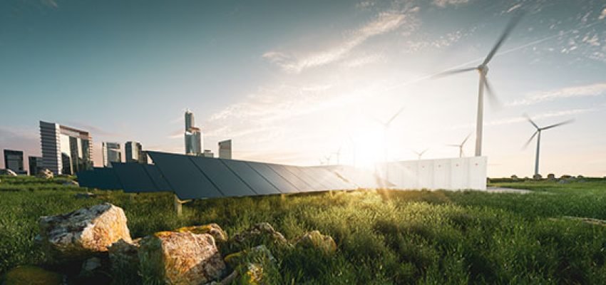 wind mills and solar panels to produce energy