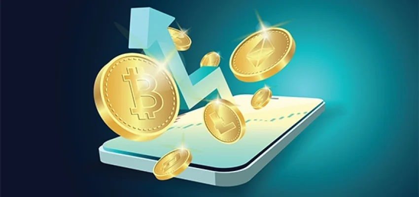 cryptocurrency coins showing growth in a platform being checked on a cellular phone