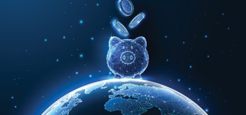 cypto tokens falling into a piggy bank after staking