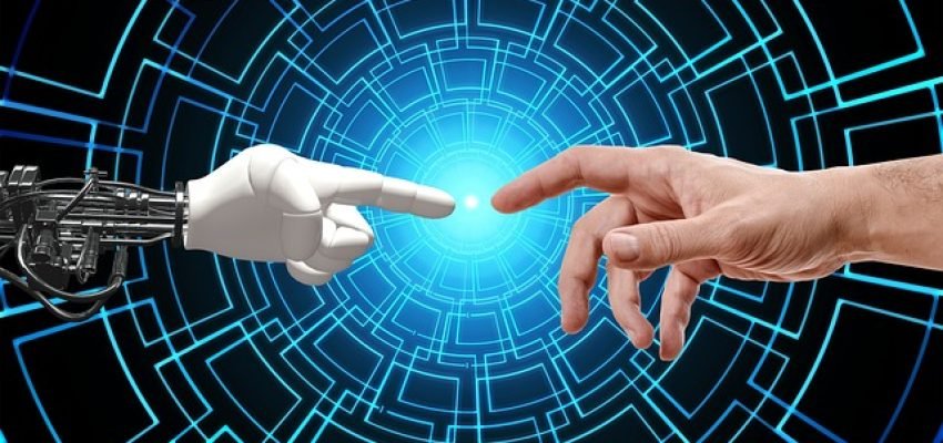 technology meets expertise shown by artificial inteligence finger touching a tax experts finger